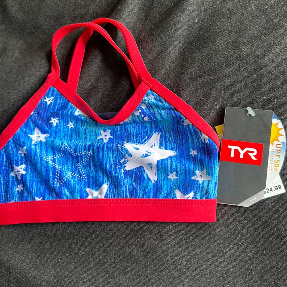 TYR GIRLS TWINKLE BIKINI TOP: BLUE/RED: STAR PRINT: NWT: SZ XS (4/5)